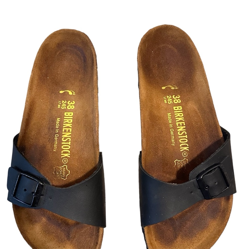 Birkenstock 38 sandals Womens 7 slides Madrid narrow black faux leather 1 strap
